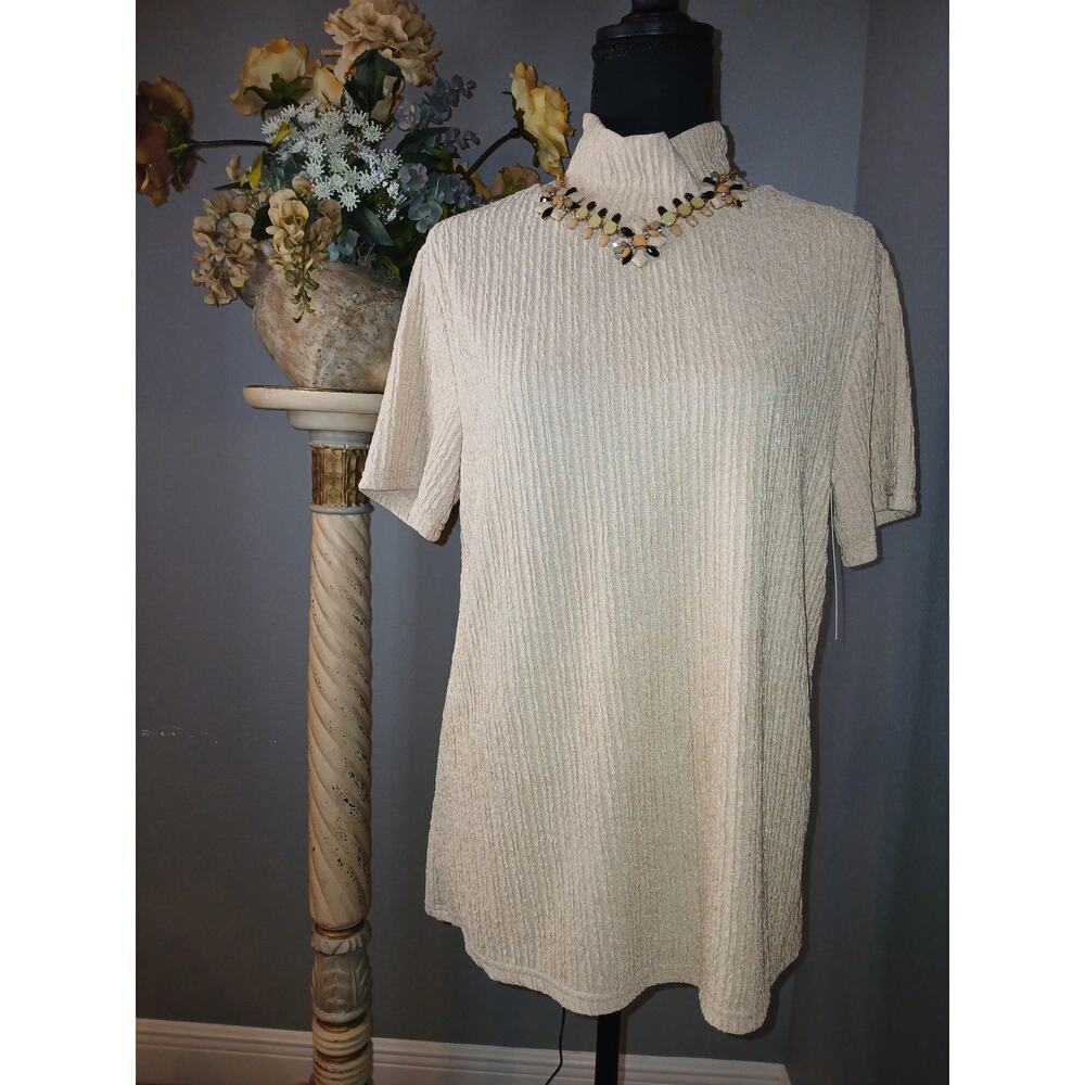 Linda Michael Tunic Top Womens Large Beige Short Sleeve Gold Metallic Turtleneck